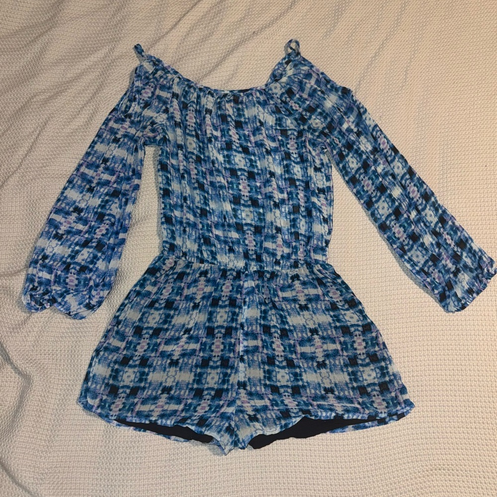 Saks Fifth Avenue Blue Patterned Off-Shoulder Romper